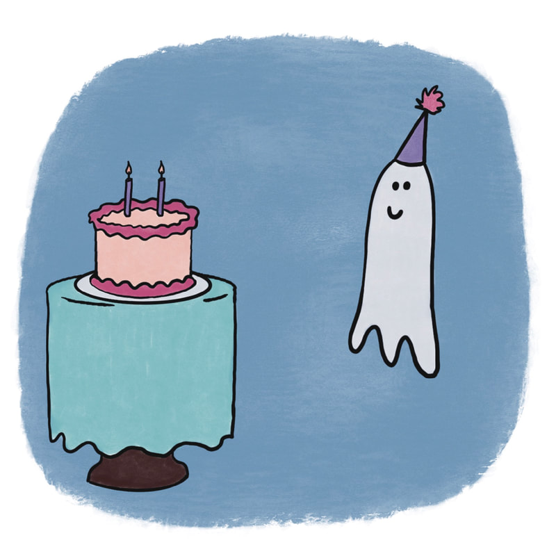 An illustration from my first kids book Greta the Ghost Learns About Shapes. In this digital illustration, Greta is celebrating her birthday. She has a purple birthday hat with a pink puff on top of it. She also has a peach and pink cake with two purple candles on a table with a teal tablecloth. The background is blue. 